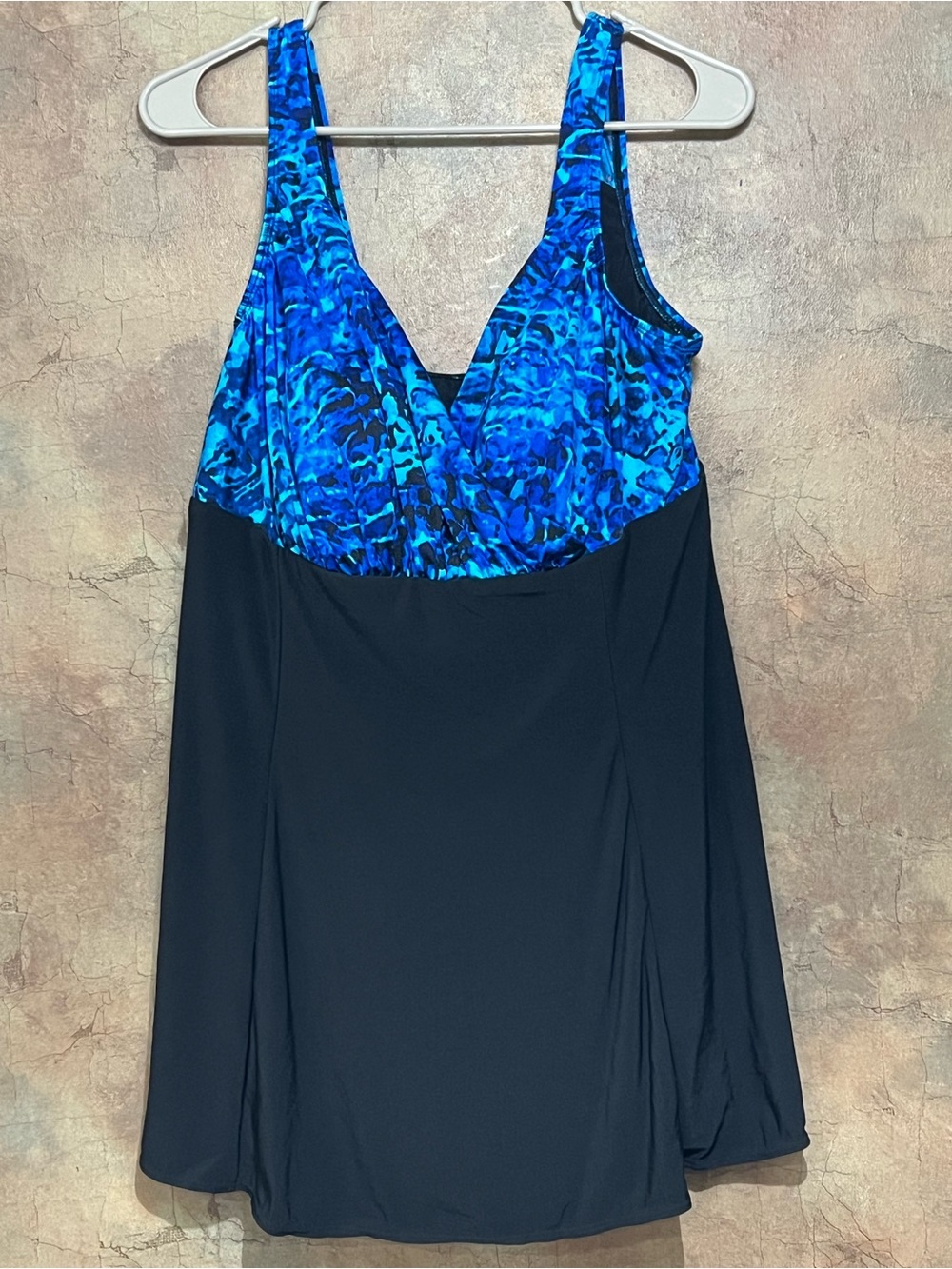 Blue Patterned & Black V-Neck Swimdress — Women's One-Piece